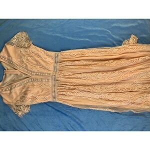 Blush Pink Lace V Neck Midi Dress Short Sleeve Lined Fit Flare